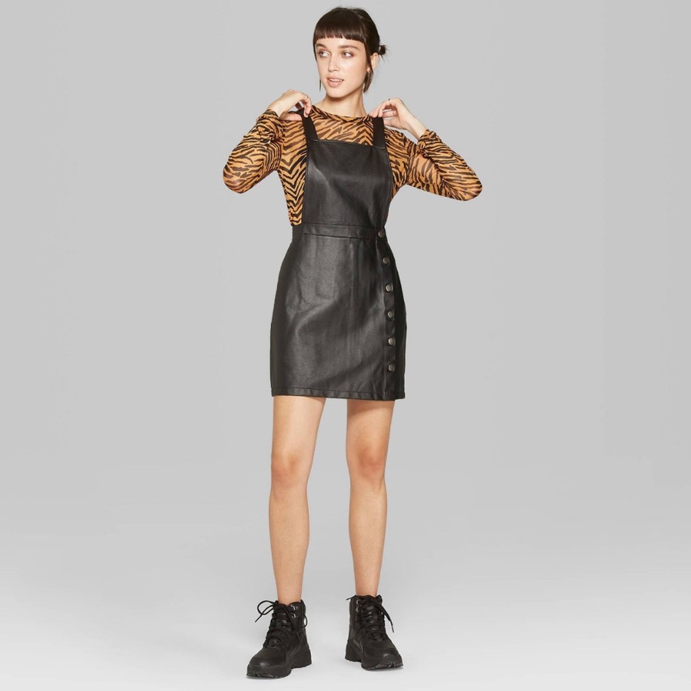 NWT Sleeveless Square Neck Faux Leather Pinafore Overall Mini Dress XS